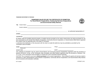 Document preview: Form RV-F1303901 Tennessee Sales or Use Tax Certificate of Exemption for Rural Electric Cooperatives, Community Services Cooperatives and Governmental Utility Districts - Tennessee
