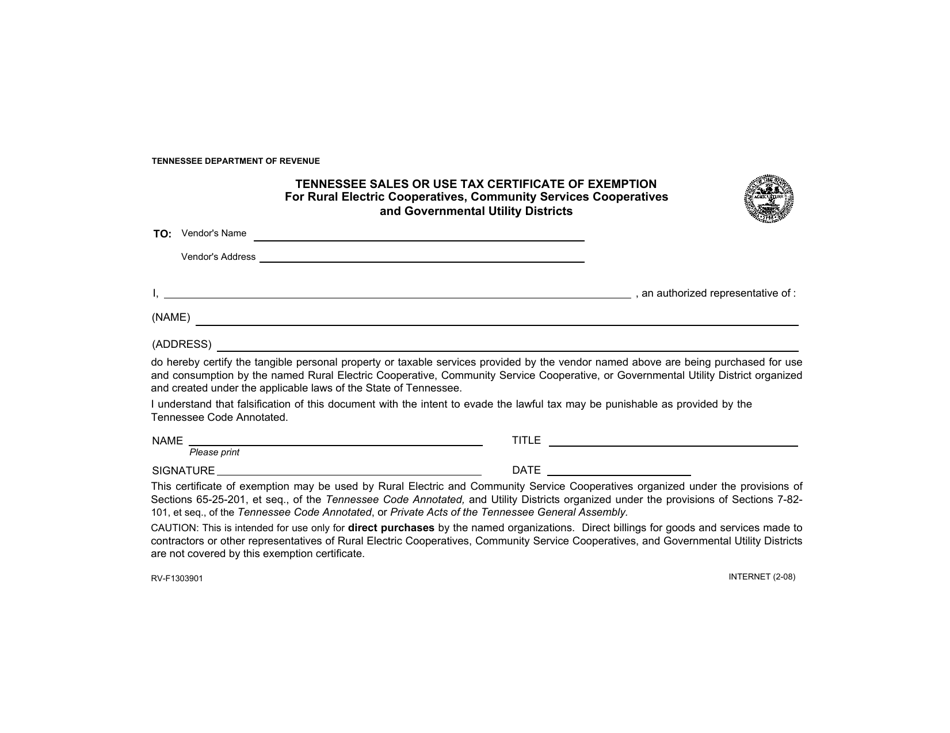 Form RV-F1303901 Tennessee Sales or Use Tax Certificate of Exemption for Rural Electric Cooperatives, Community Services Cooperatives and Governmental Utility Districts - Tennessee, Page 1