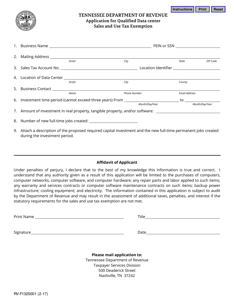Form RV-F1325001 Application for Qualified Data Center Sales and Use Tax Exemption - Tennessee, Page 1