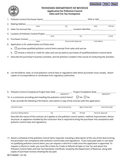 Form RV-F1303201 Application for Pollution Control Sales and Use Tax Exemption - Tennessee