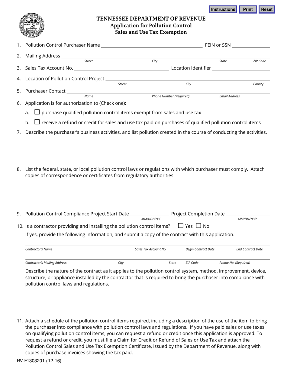 Form RV-F1303201 Application for Pollution Control Sales and Use Tax Exemption - Tennessee, Page 1