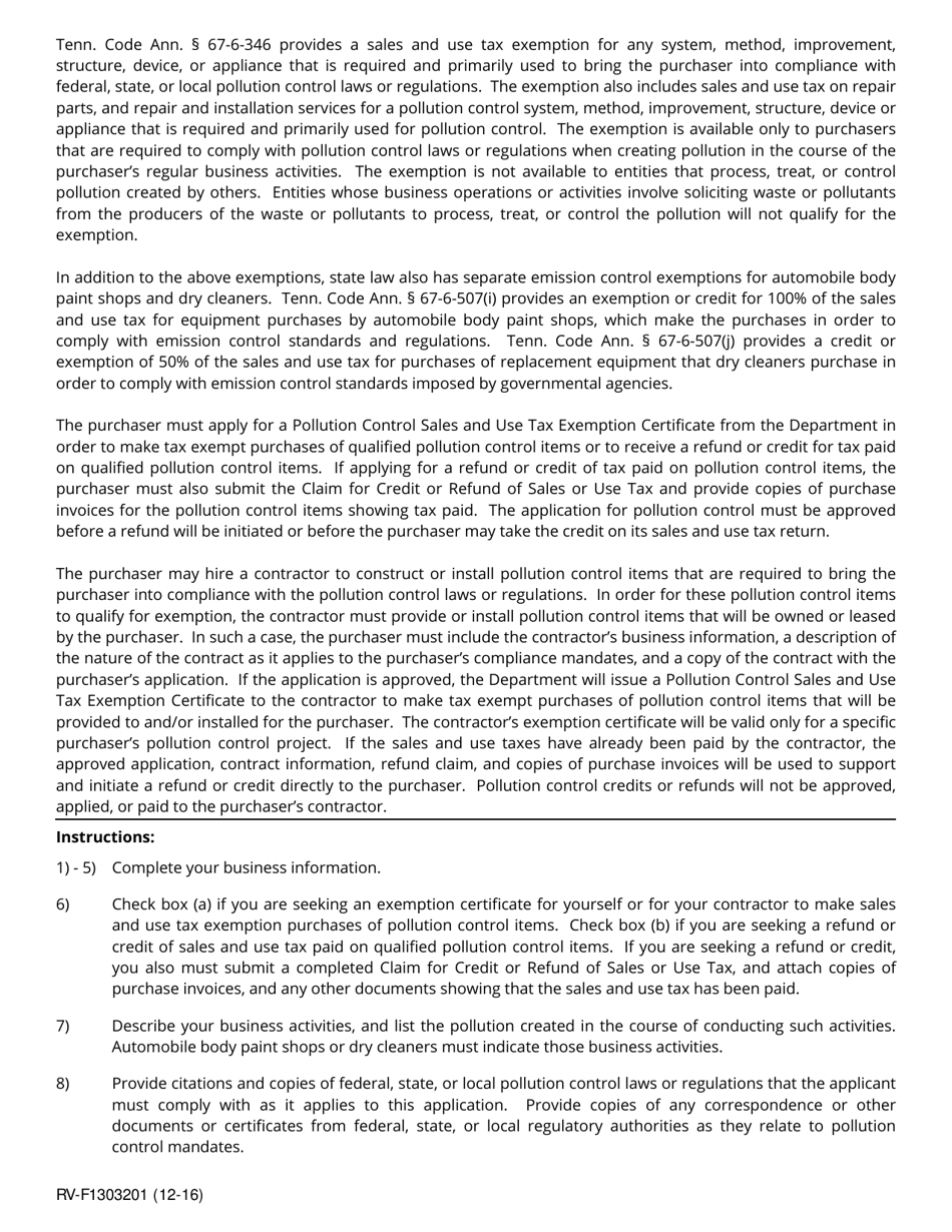 Form RV-F1303201 Application for Pollution Control Sales and Use Tax Exemption - Tennessee, Page 3