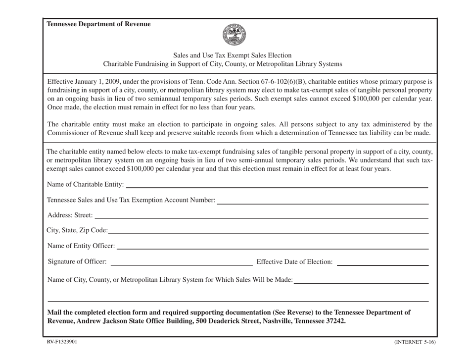 Form RV-F1323901 Sales and Use Tax Exempt Sales Election Charitable Fundraising in Support of City, County, or Metropolitan Library Systems - Tennessee, Page 1