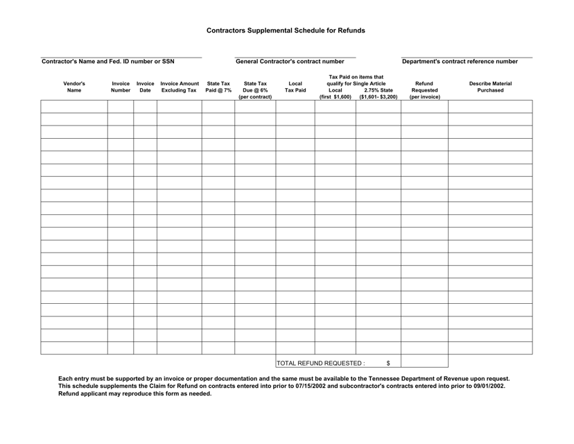 Contractors Supplemental Schedule for Refunds - Tennessee Download Pdf