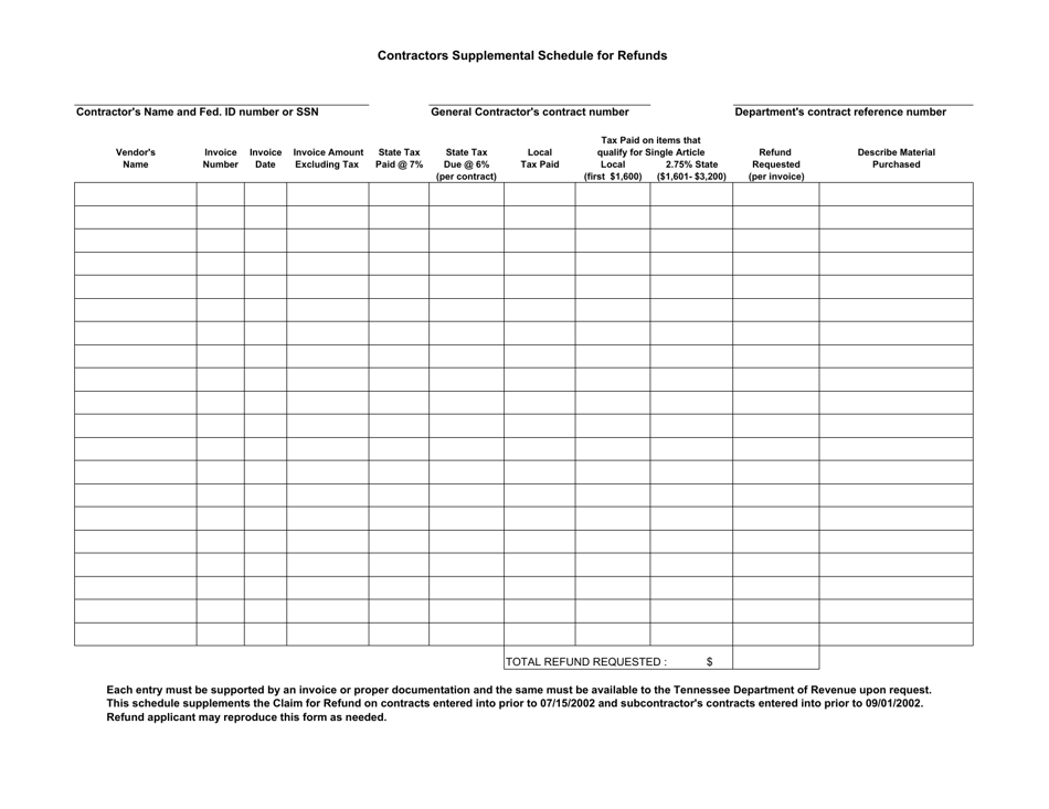 Contractors Supplemental Schedule for Refunds - Tennessee, Page 1