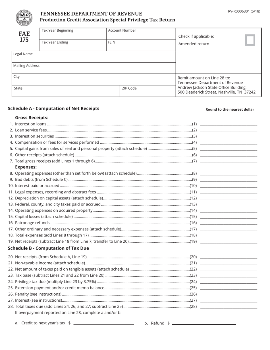 Form FAE175 (RV-R0006301) Production Credit Association Special Privilege Tax Return - Tennessee, Page 1