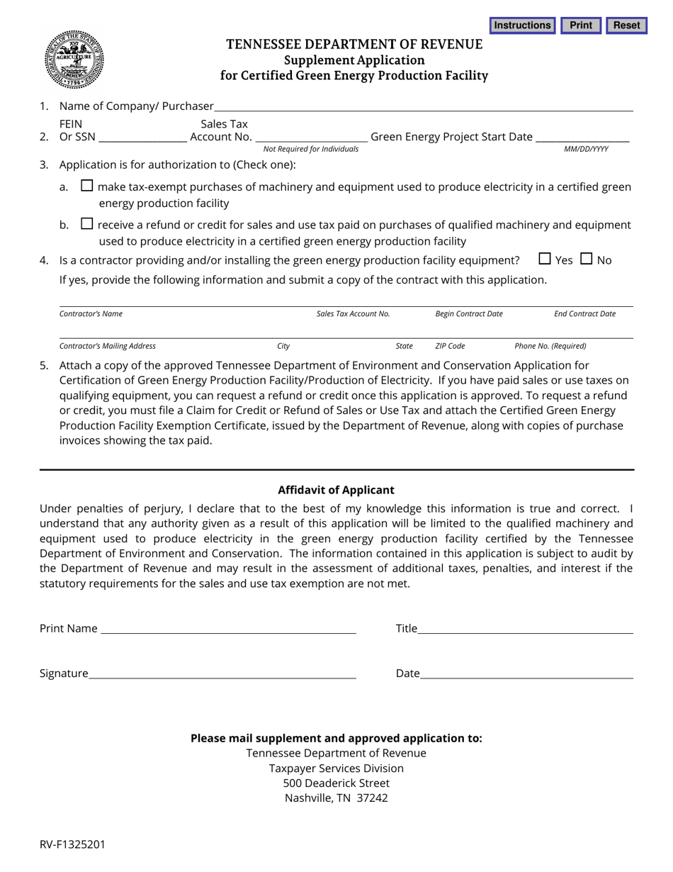 Form RV-F1325201 Supplement Application for Certified Green Energy Production Facility - Tennessee, Page 1