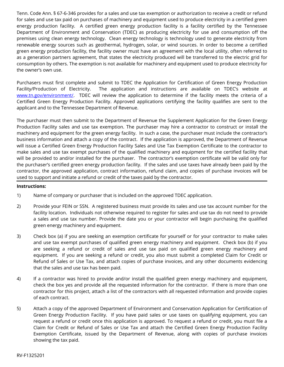 Form RV-F1325201 Supplement Application for Certified Green Energy Production Facility - Tennessee, Page 2