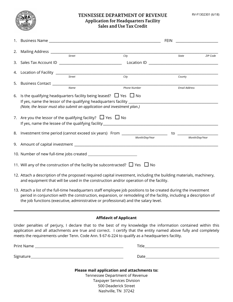 Form RV-F1302301 Application for Headquarters Facility Sales and Use Tax Credit - Tennessee, Page 1