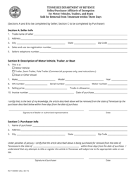 Form RV-F1300901 Seller/Purchaser Affidavit of Exemption for Motor Vehicles, Trailers and Boats Sold for Removal From Tennessee Within Three Days - Tennessee