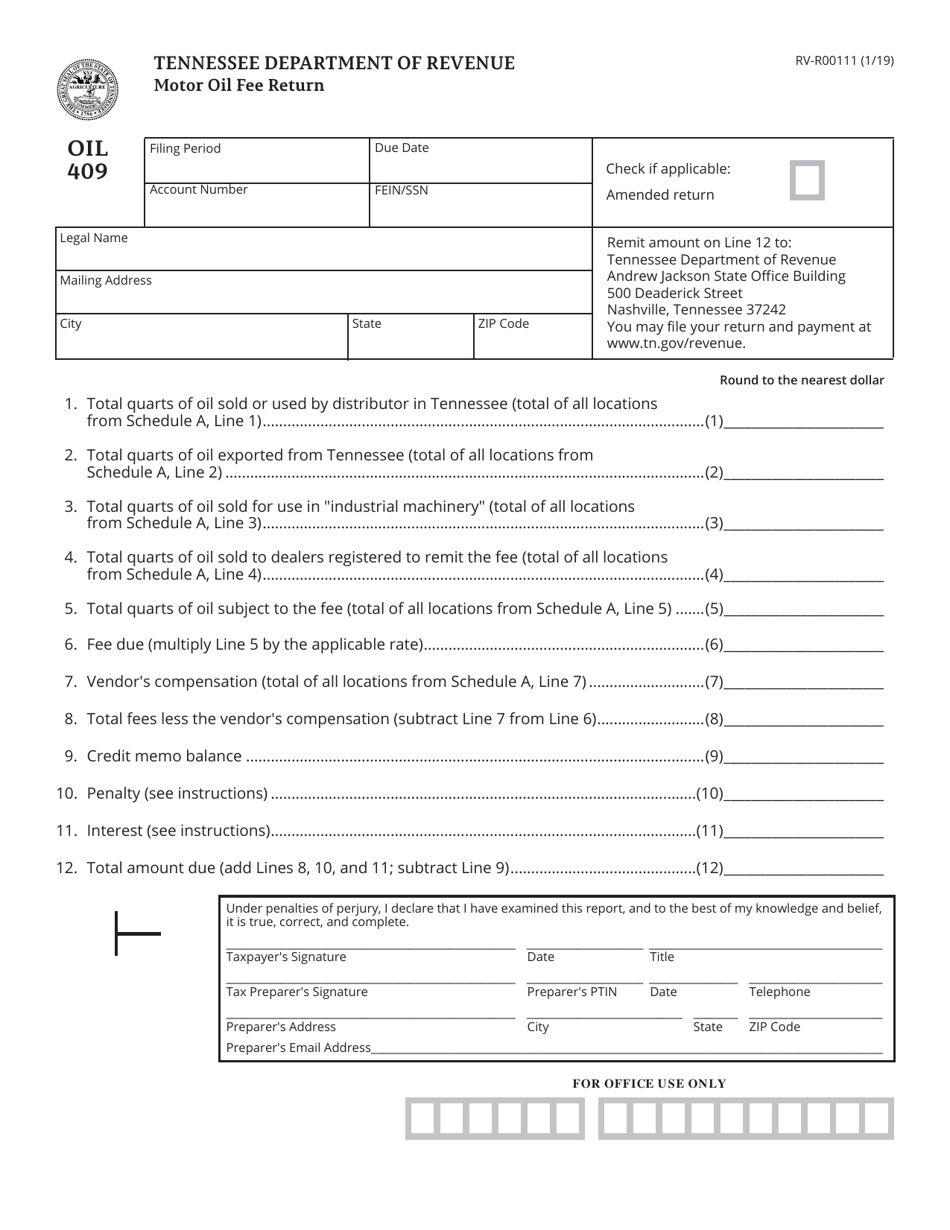 Form OIL409 (RV-R00111) Motor Oil Fee Return - Tennessee, Page 1