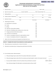 Form RV-F1303101 Application for Industrial Machinery, Energy Fuels and Water Sales and Use Tax Exemption - Tennessee