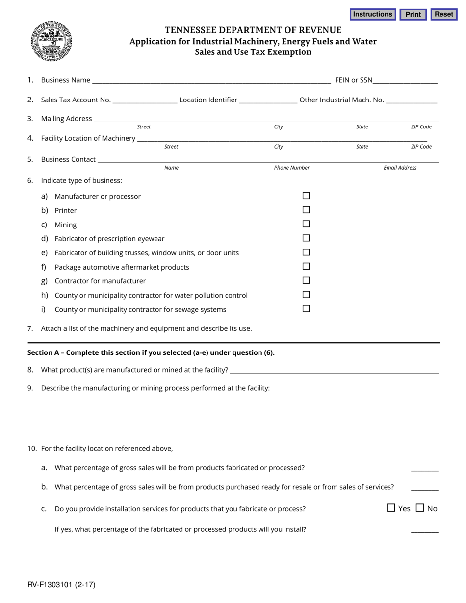 Form RV-F1303101 Application for Industrial Machinery, Energy Fuels and Water Sales and Use Tax Exemption - Tennessee, Page 1