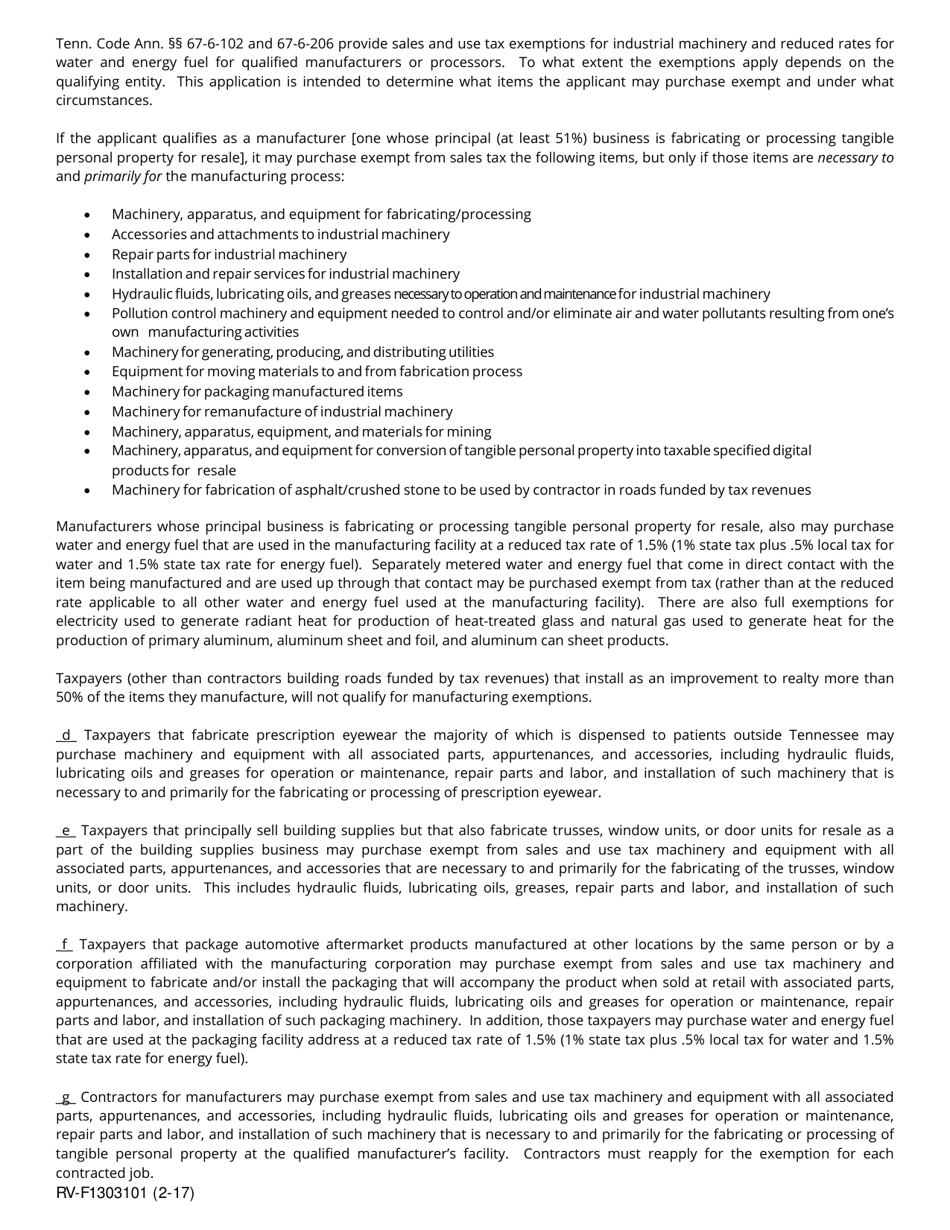 Form RV-F1303101 Application for Industrial Machinery, Energy Fuels and Water Sales and Use Tax Exemption - Tennessee, Page 3