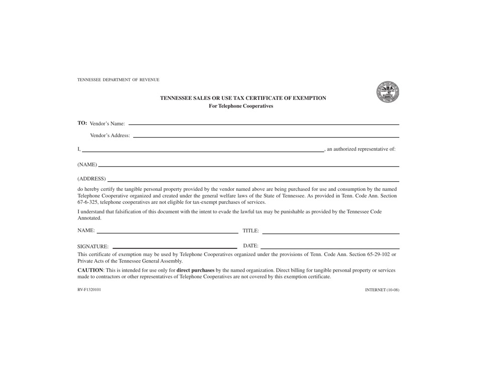 Form RV-F1320101 Tennessee Sales or Use Tax Certificate of Exemption for Telephone Cooperatives - Tennessee, Page 1