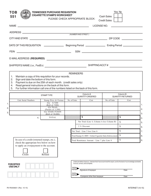 Form TOB551 (RV-R0006601)  Printable Pdf