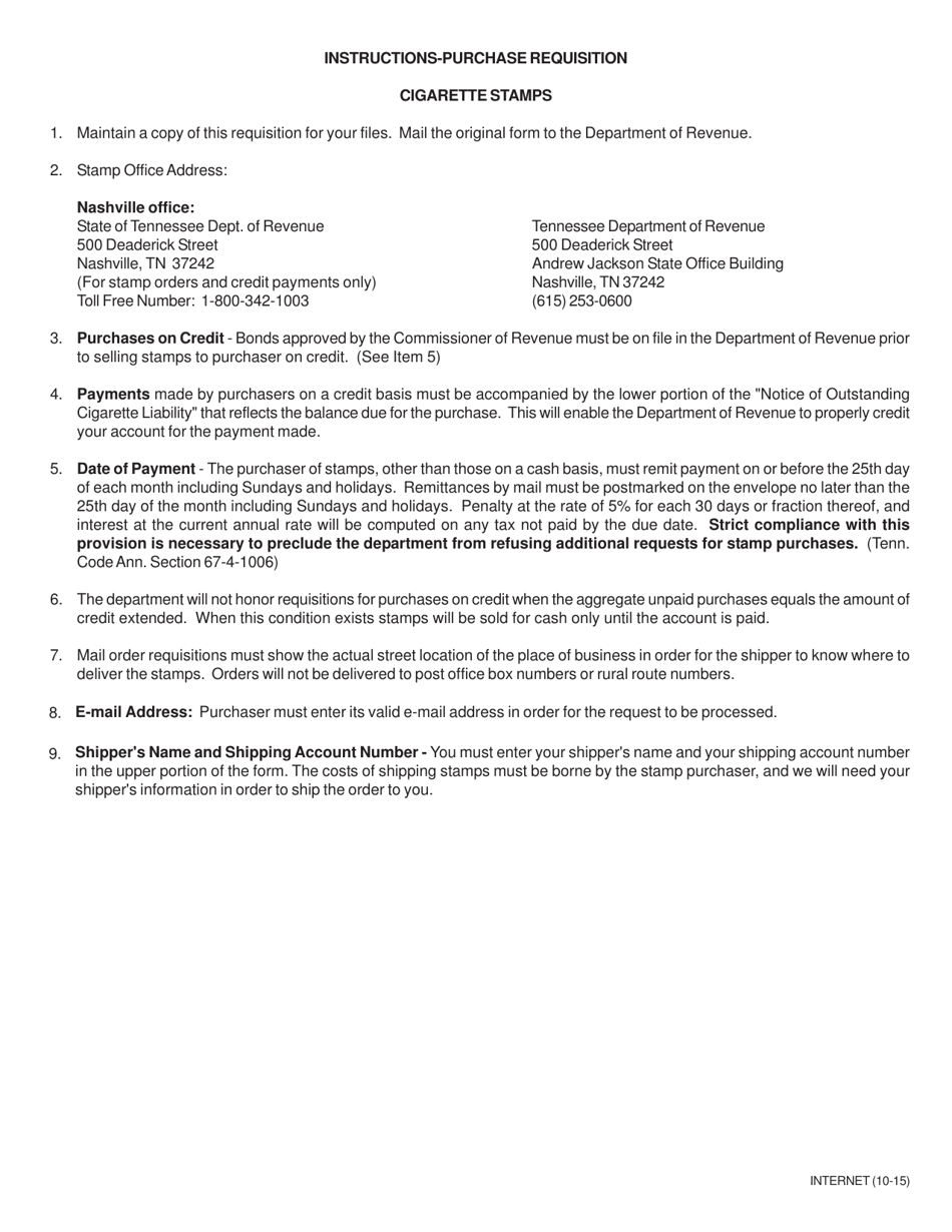 Form TOB551 (RV-R0006601) Tennessee Purchase Requisition Cigarette Stamps Worksheet - Tennessee, Page 2