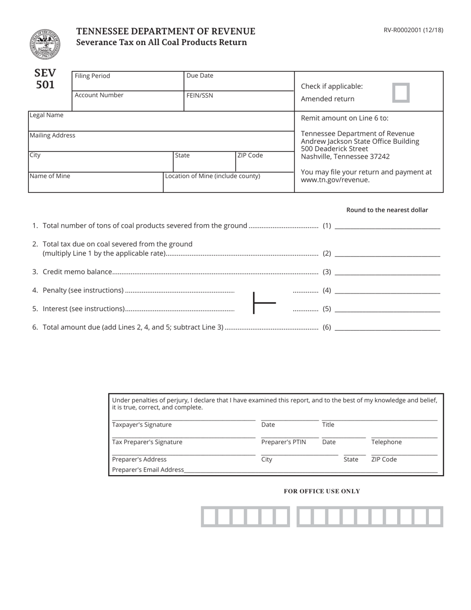 Form SEV501 (RV-R0002001) Severance Tax on All Coal Products Return - Tennessee, Page 1