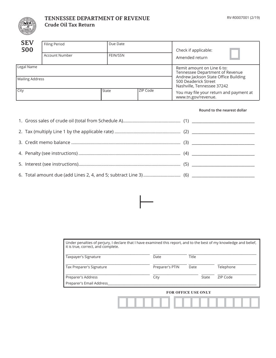 Form SEV500 (RV-R0007001) Crude Oil Tax Return - Tennessee, Page 1