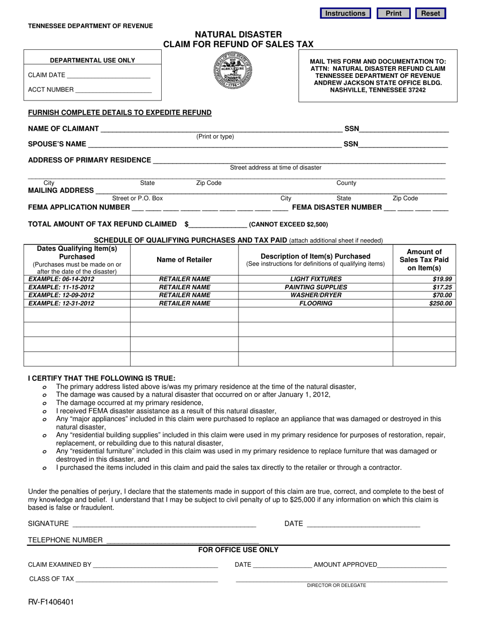 Form RV-F1406401 Natural Disaster Claim for Refund of Sales Tax - Tennessee, Page 1