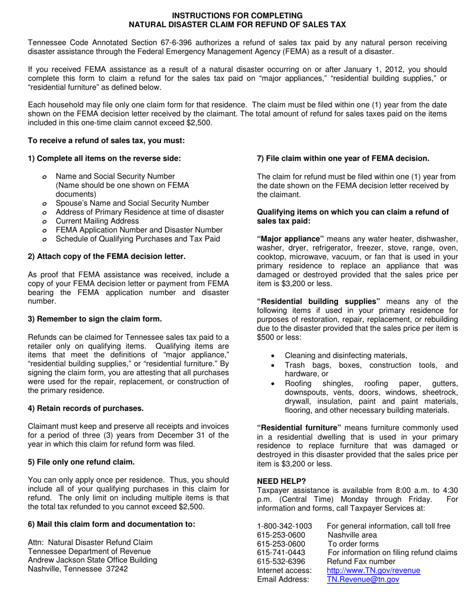 Form RV-F1406401 Natural Disaster Claim for Refund of Sales Tax - Tennessee, Page 3