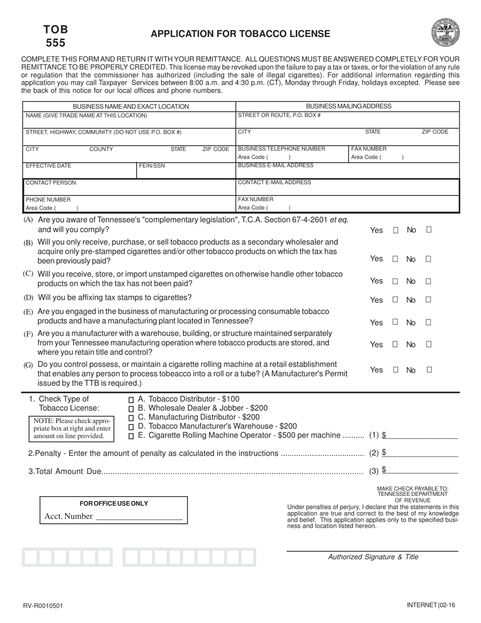 Form TOB555 (RV-R0010501) Application for Tobacco License - Tennessee, Page 1