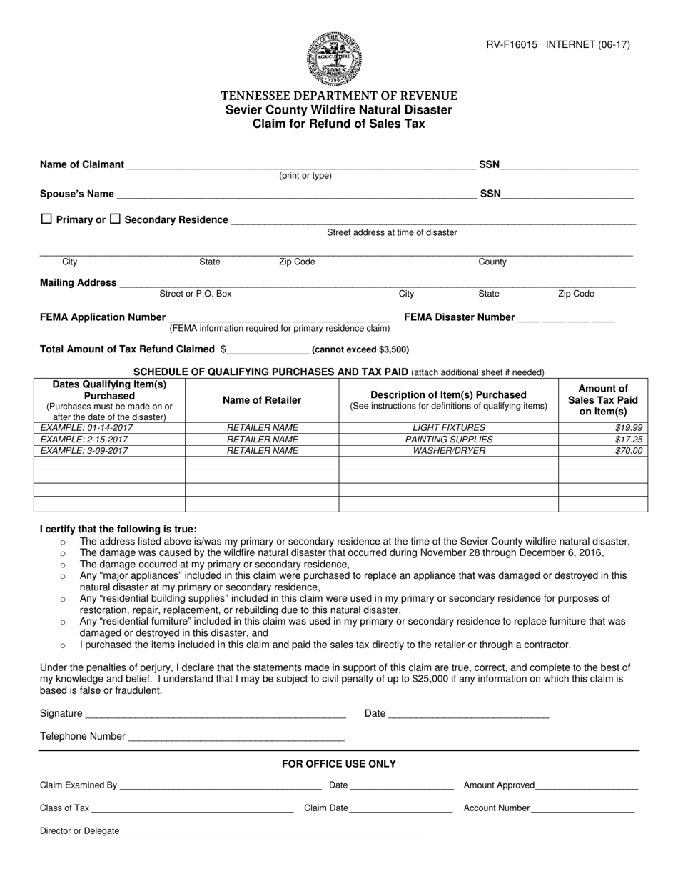 Form RV-F16015 Sevier County Wildfire Natural Disaster Claim for Refund of Sales Tax - Tennessee, Page 1