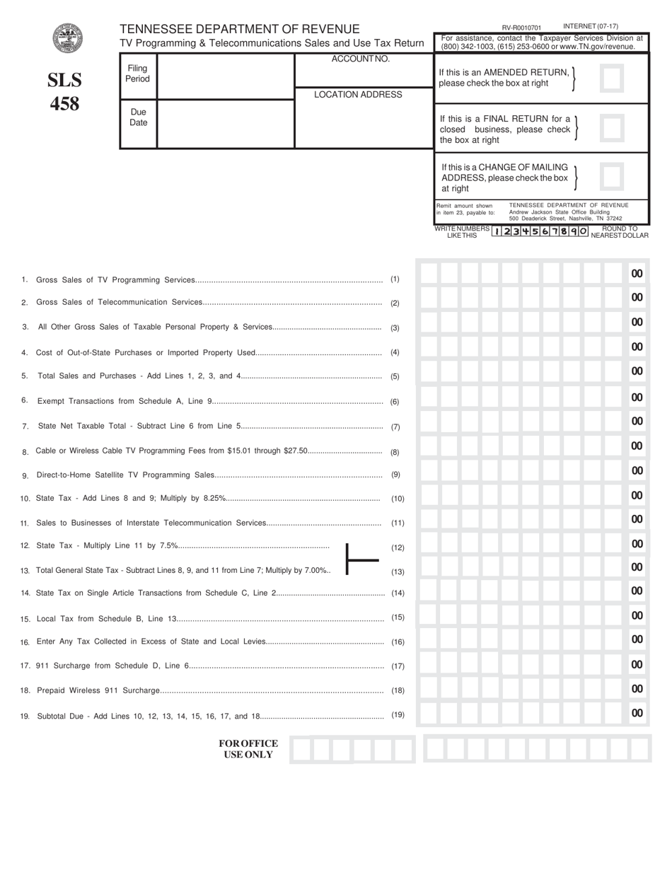 Form RV-R0010701 (SLS458) Tv Programming  Telecommunications Sales and Use Tax Return - Tennessee, Page 1
