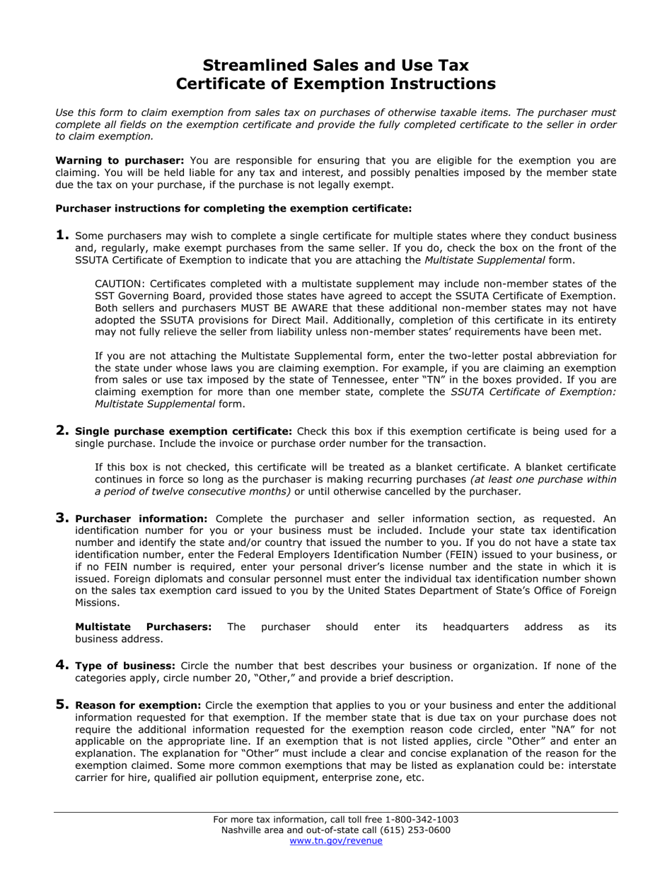 Instructions for SSTGB Form F0003 Streamlined Sales and Use Tax Agreement Certificate of Exemption - Tennessee, Page 1