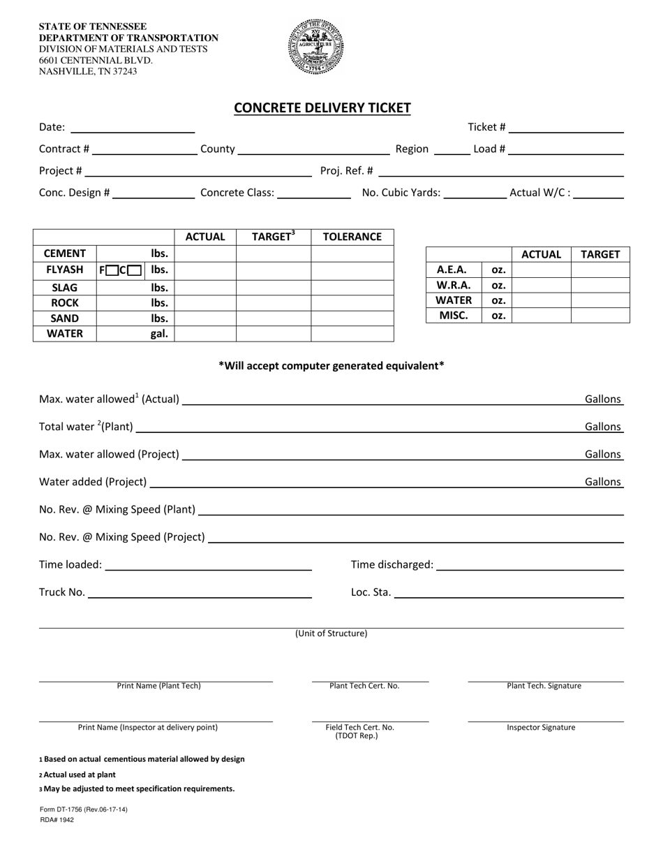 Form DT-1756 Concrete Delivery Ticket - Tennessee, Page 1