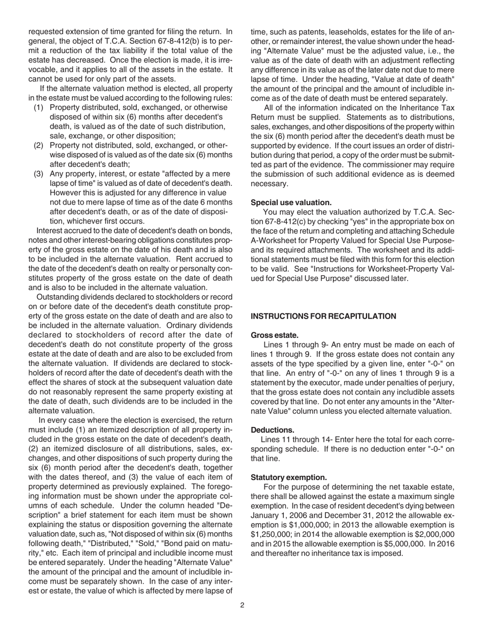 Instructions for Form RV-R0001602, INH301 Inheritance Tax Return - Tennessee, Page 2
