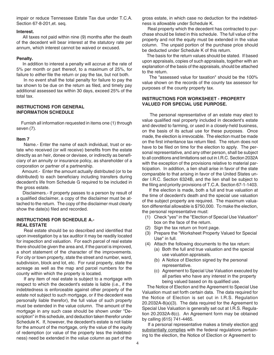 Instructions for Form RV-R0001602, INH301 Inheritance Tax Return - Tennessee, Page 4