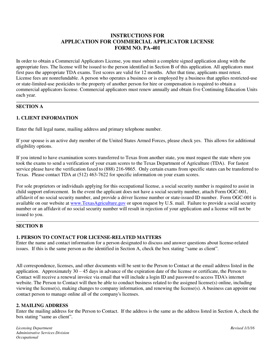 Instructions for Form PA-401 Application for Commercial Pesticide Applicator License - Texas, Page 1
