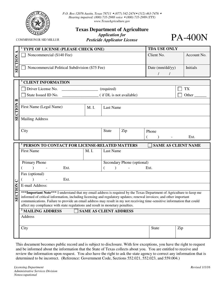 Form PA-400N Application for Pesticide Applicator License - Texas, Page 1