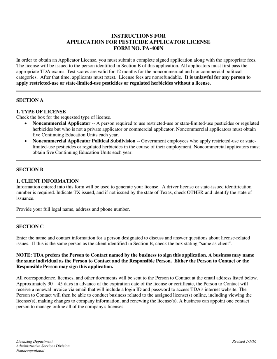 Download Instructions for Form PA-400N Application for ...