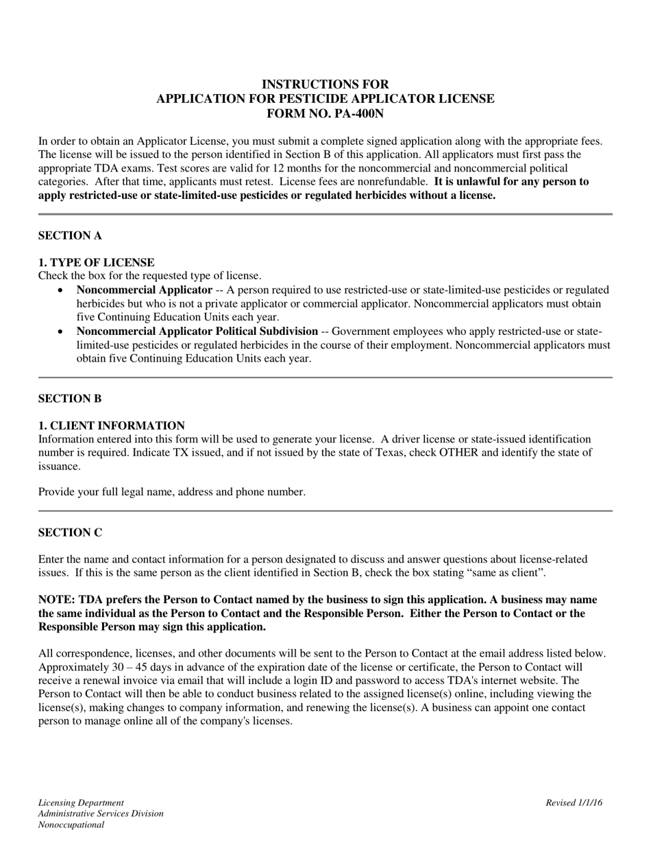 Instructions for Form PA-400N Application for Pesticide Applicator License - Texas, Page 1