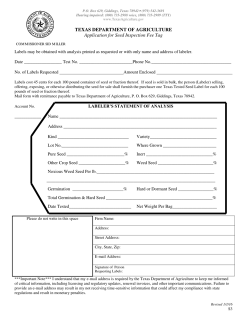 Form S3 Application for Seed Inspection Fee Tag - Texas
