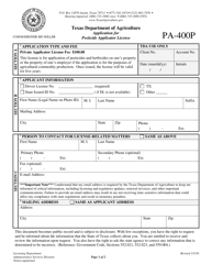 Document preview: Form PA-400P Application for Pesticide Applicator License - Texas