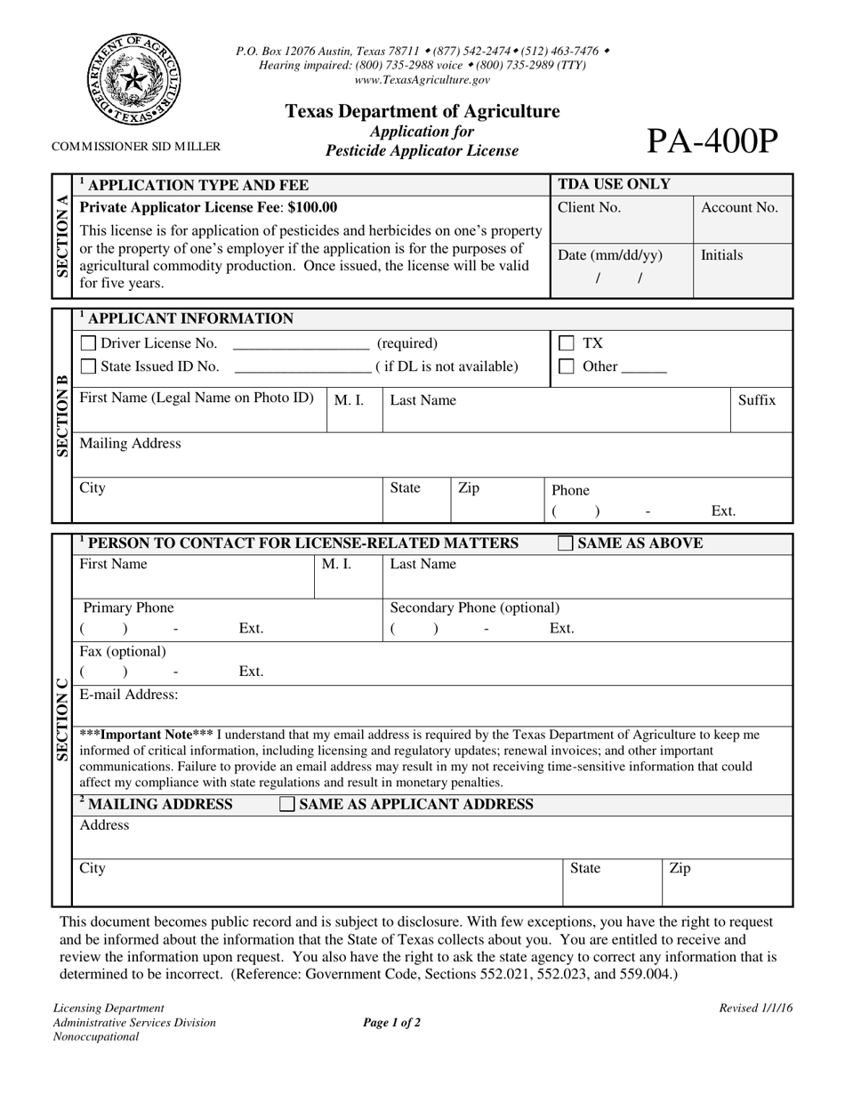 Form PA-400P Application for Pesticide Applicator License - Texas, Page 1