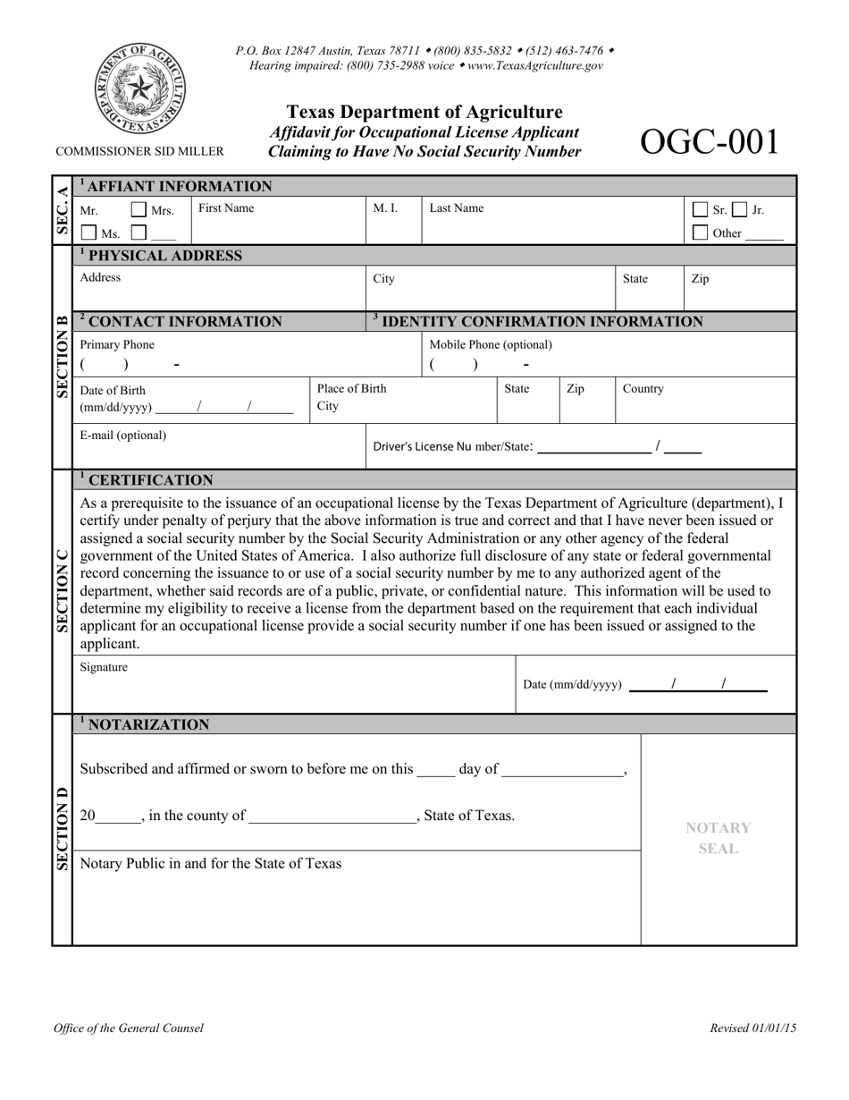 Form OGC-001 Affidavit for Occupational License Applicant Claiming to Have No Social Security Number - Texas, Page 1