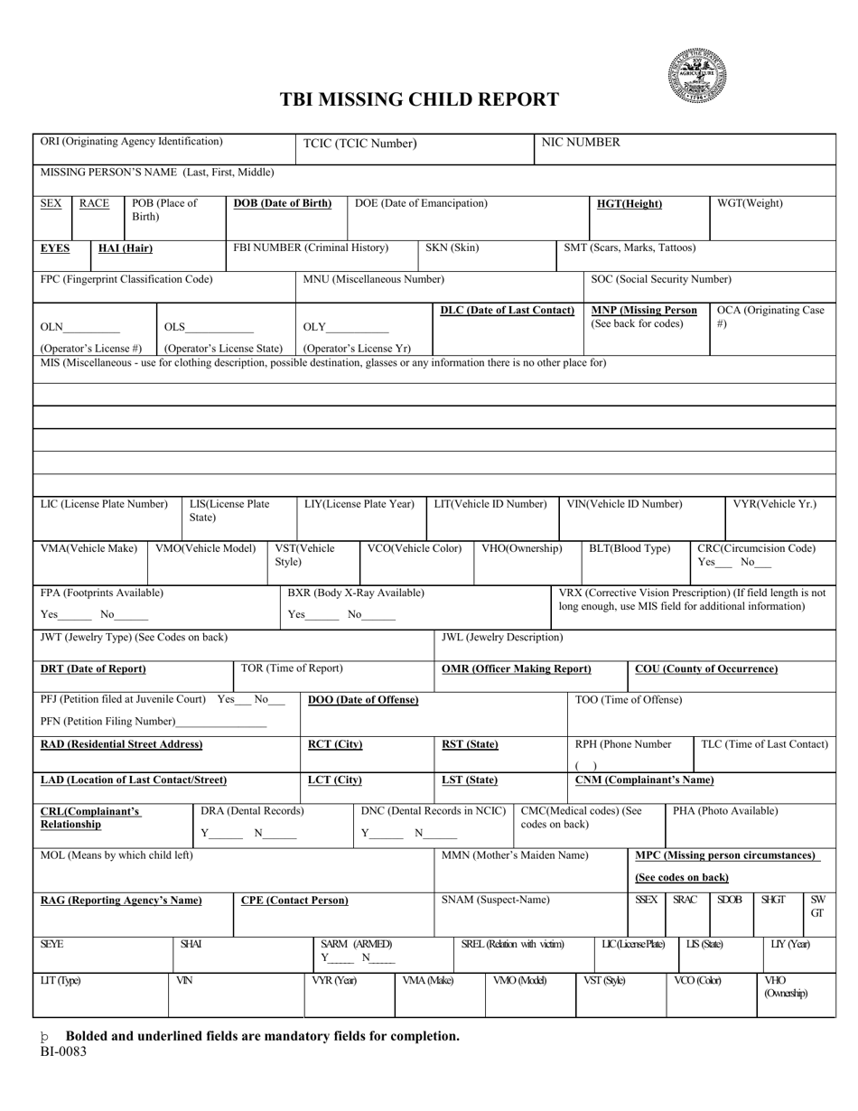 Form BI-0083 Tbi Missing Child Report - Tennessee, Page 1