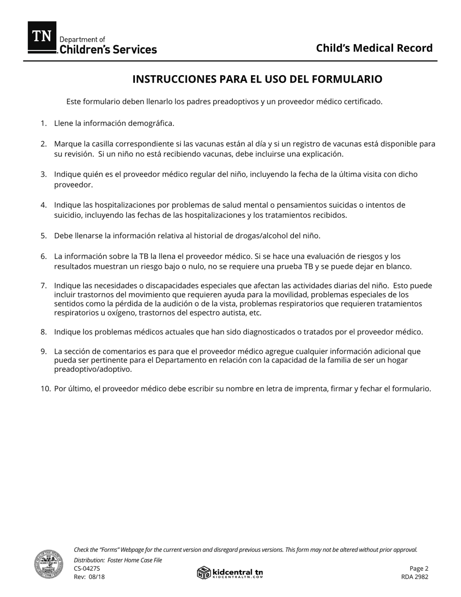 Form CS-0427S Expediente Medico Del Nino - Tennessee, Page 2