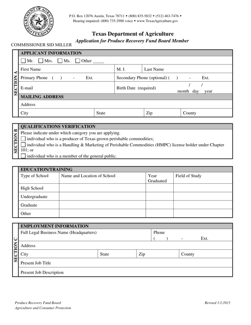 Application for Produce Recovery Fund Board Member - Texas Download Pdf