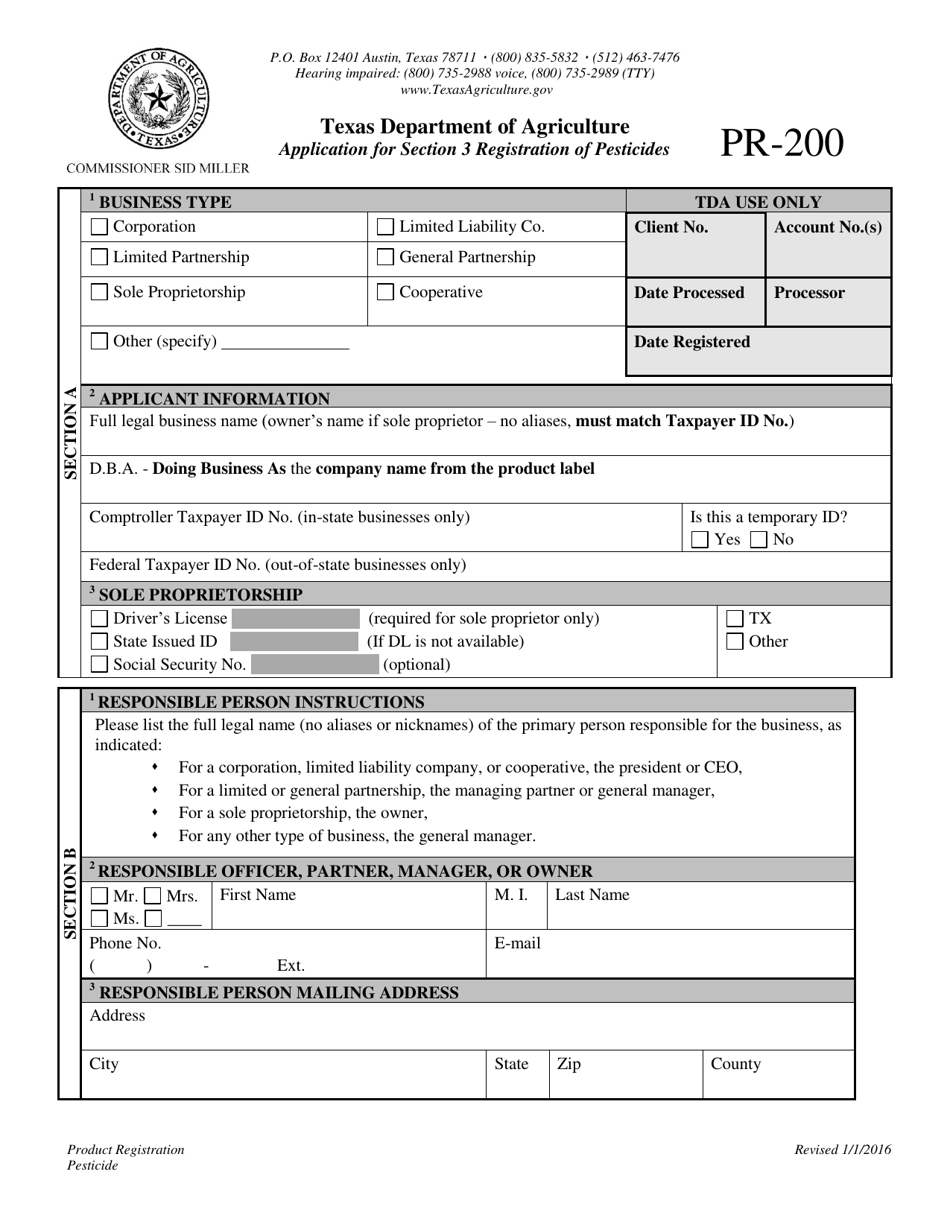 Form PR-200 Application for Section 3 Registration of Pesticides - Texas, Page 1