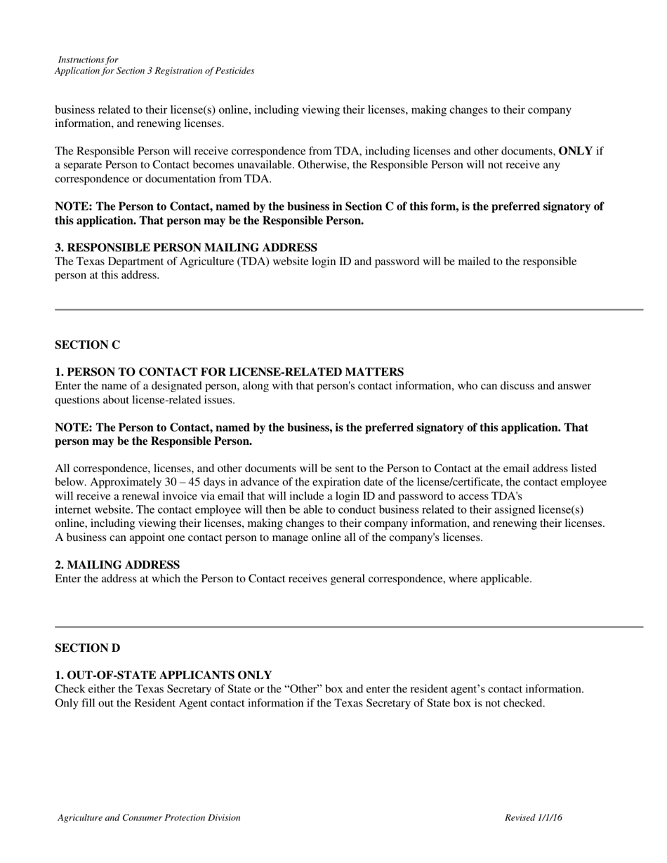 Instructions for Form PR-200 Application for Section 3 Registration of Pesticides - Texas, Page 2