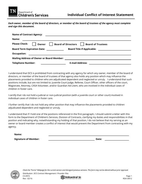 Form CS-0972 Individual Conflict of Interest Statement - Tennessee