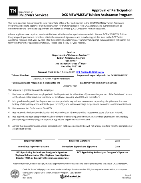 Form CS-0977 Approval of Participation Dcs Msw/Mssw Tuition Assistance Program - Tennessee