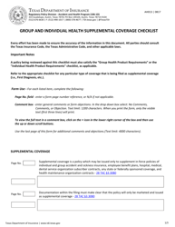 Form AH013 Group and Individual Health Supplemental Coverage Checklist - Texas