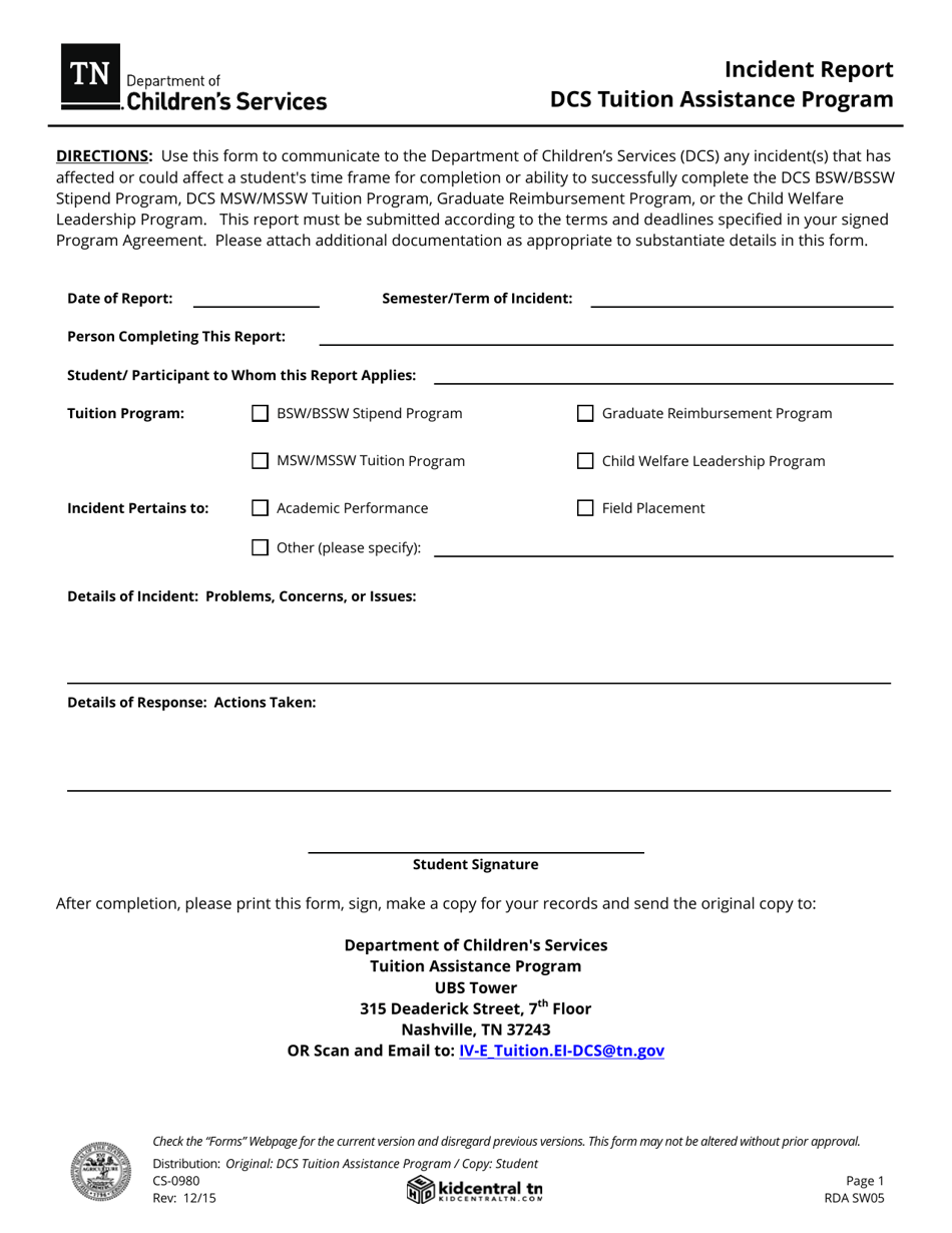 Form CS-0980 Incident Report - Dcs Tuition Assistance Program - Tennessee, Page 1