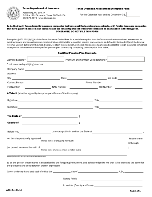 Form AS004 Texas Overhead Assessment Exemption Form - Texas